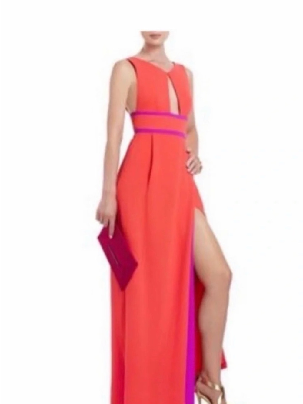 BCBGMaxAzria Coral-Orange High-Low Gown with Pink Waist Accents